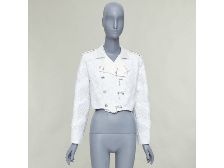 LOUIS VUITTON 2020 Runway ivory silver brocade military crop biker jacket FR36 S