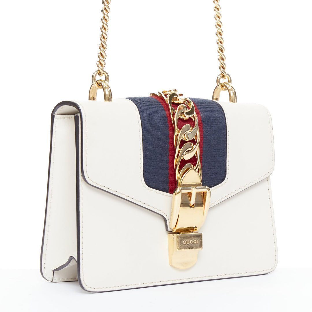 GUCCI Small Sylvie white calf leather navy red web stripe chain shoulder bag