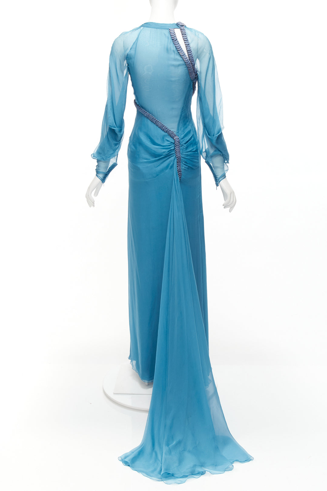 rare VERSACE Runway blue silk pailette embellished sheer sleeves draped gown