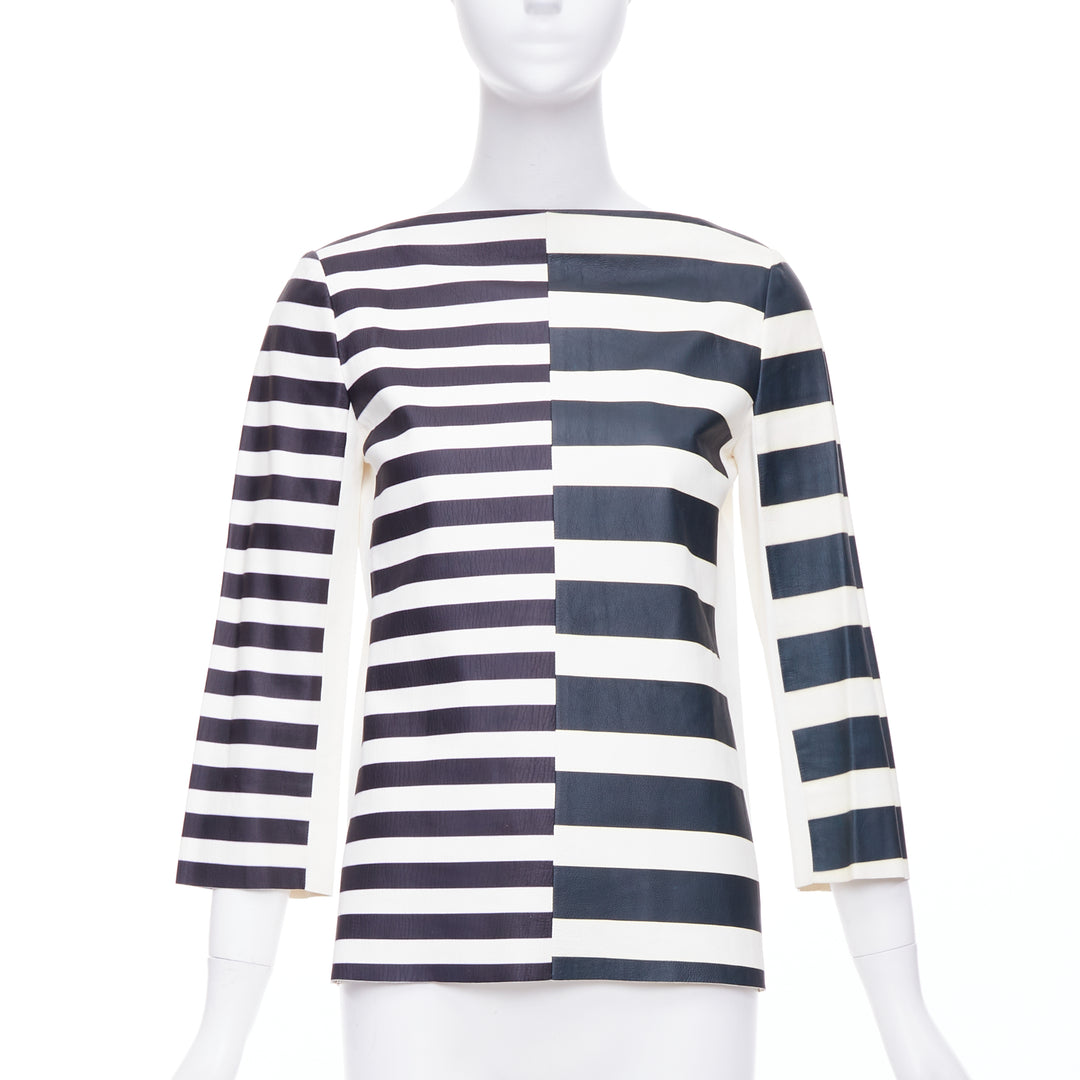 OLD CELINE Phoebe Philo genuine lambskin striped leather patch top FR38 M