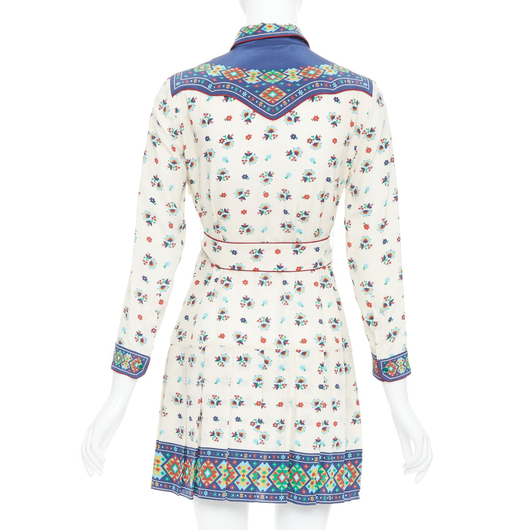 GUCCI 2016 navy cream 100% silk western print belted dress IT38 XS