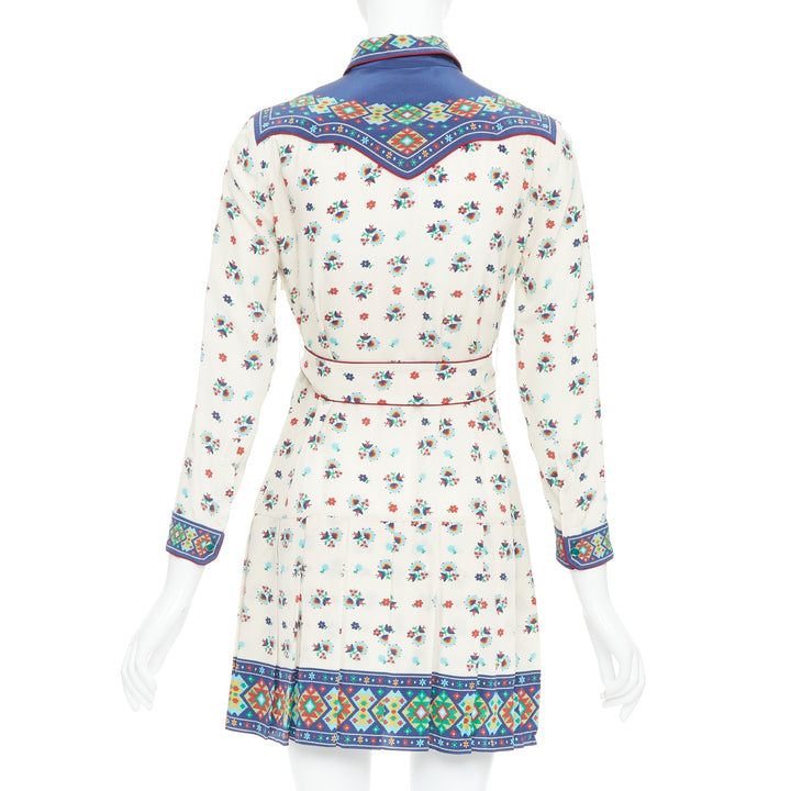 GUCCI 2016 navy cream 100% silk western print belted dress IT38 XS