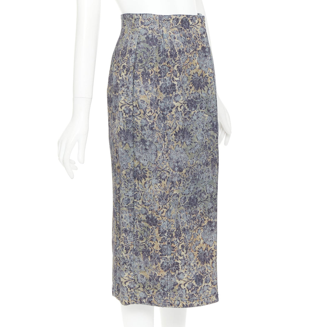DIOR Brocart blue beige floral brocade denim knee skirt FR36 S