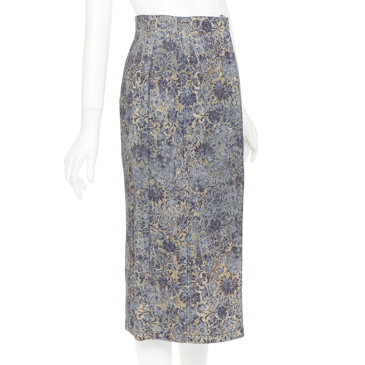DIOR Brocart blue beige floral brocade denim knee skirt FR36 S