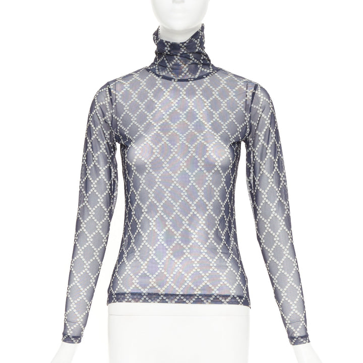 DRIES VAN NOTEN navy blue pearl diamond print high neck sheer top S