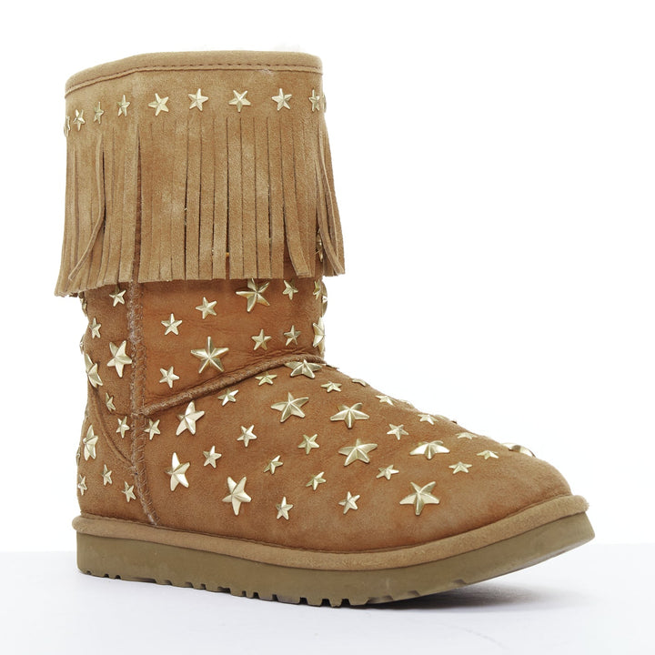 JIMMY CHOO UGG brown suede gold star embellished fringe trim snow boots EU36