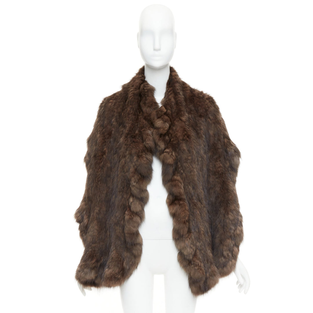 Brown genuine fur patchwork large shawl stole scarf