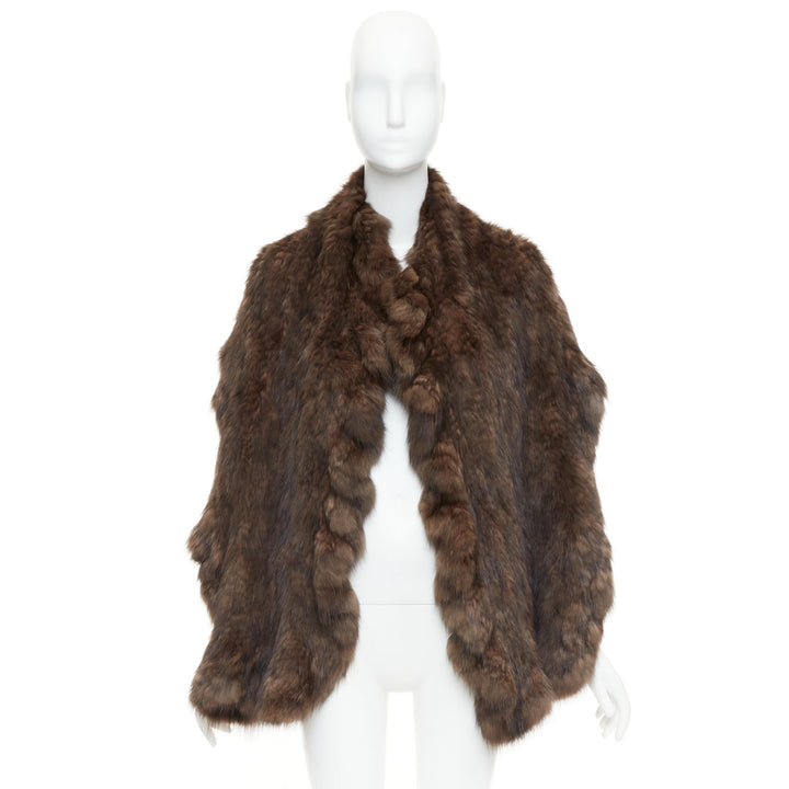 Brown genuine fur patchwork large shawl stole scarf