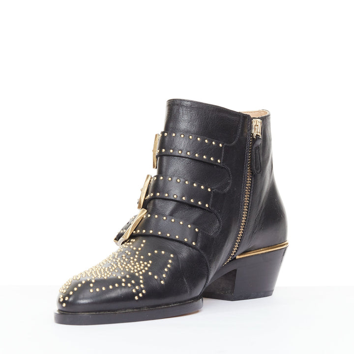 CHLOE Susanna black leather gold floral studded buckles grunge ankle boots EU36