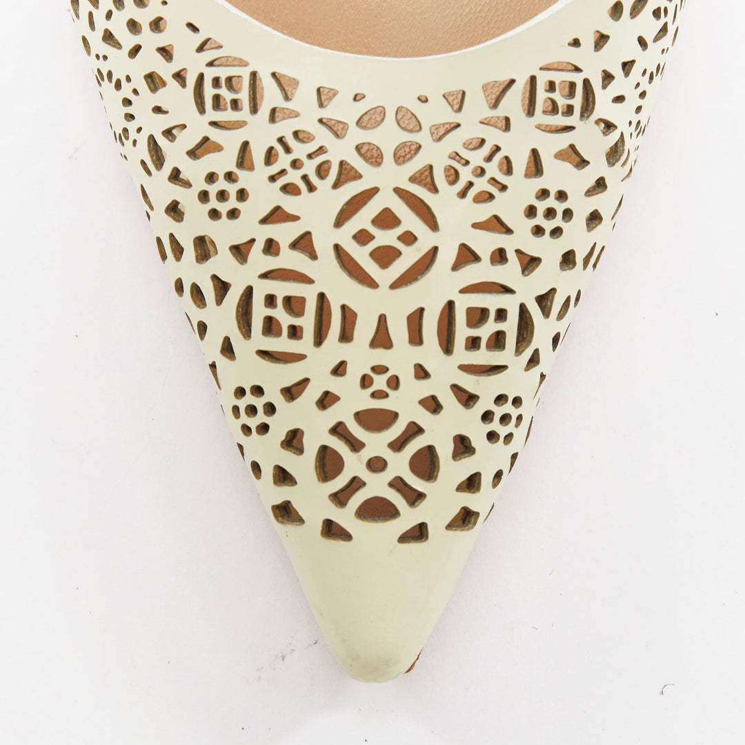 MANOLO BLAHNIK BB70 cream patent leather laser cut slingback kitten pump EU39