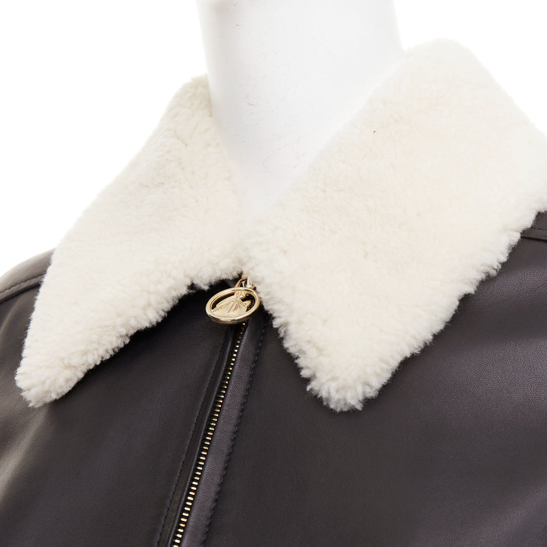 LANVIN 2021 black lambskin leather shearling collar crop aviator bomber FR38 M
