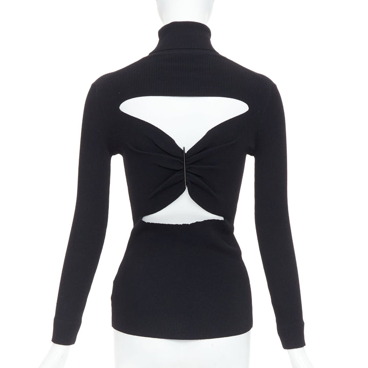 JIL SANDER black open back silver bar ruched turtleneck top FR36 S