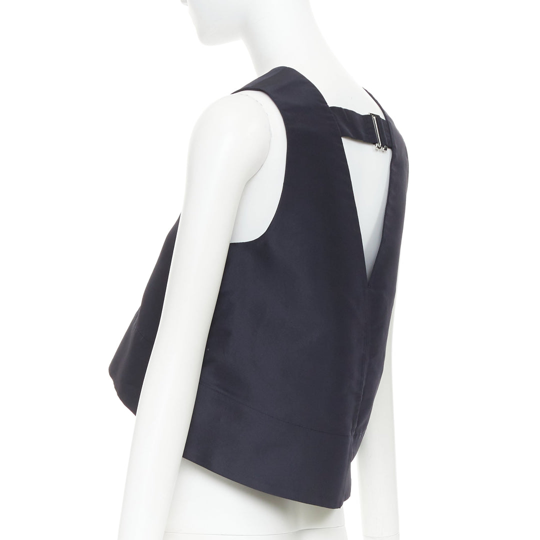 TIBI navy silk faille silver buckle strap back V neck crop top US0 XS