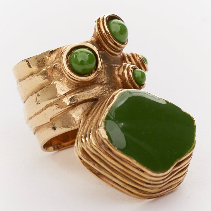 YVES SAINT LAURENT YSL Arty gold tone green cabochon enamel statement ring US7