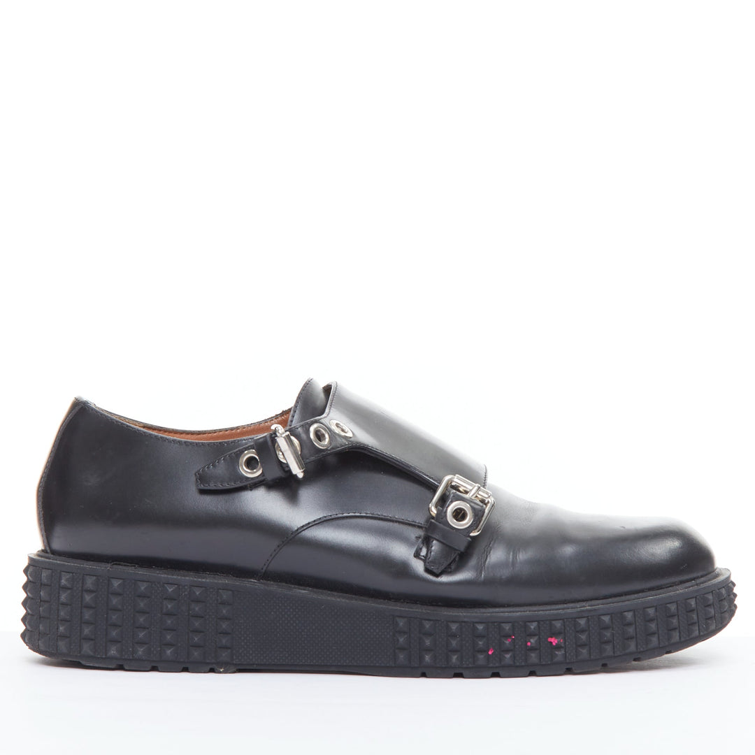 VALENTINO Rockstud black leather silver buckles stud midsole monk shoes EU38