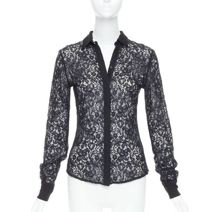D&G DOLCE GABBANA Vintage black cotton silk floral lace sheer shirt IT38 XS