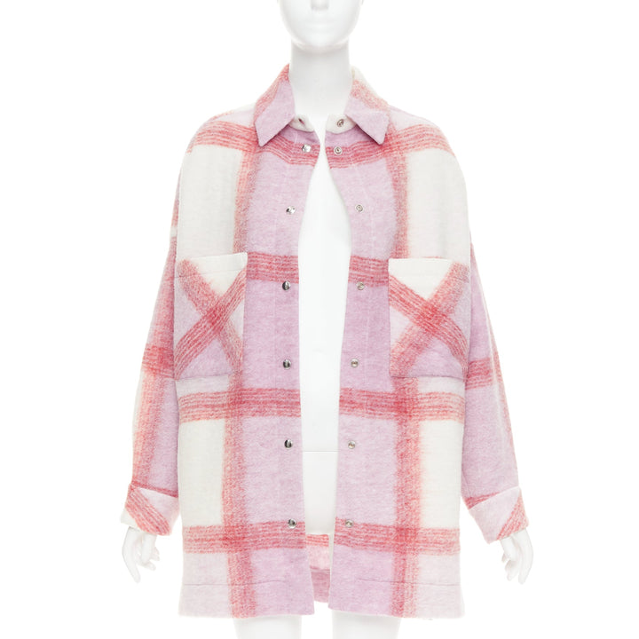 IRO PARIS Lemina pink cream wool tweed plaid check overshirt jacket FR34 XS
