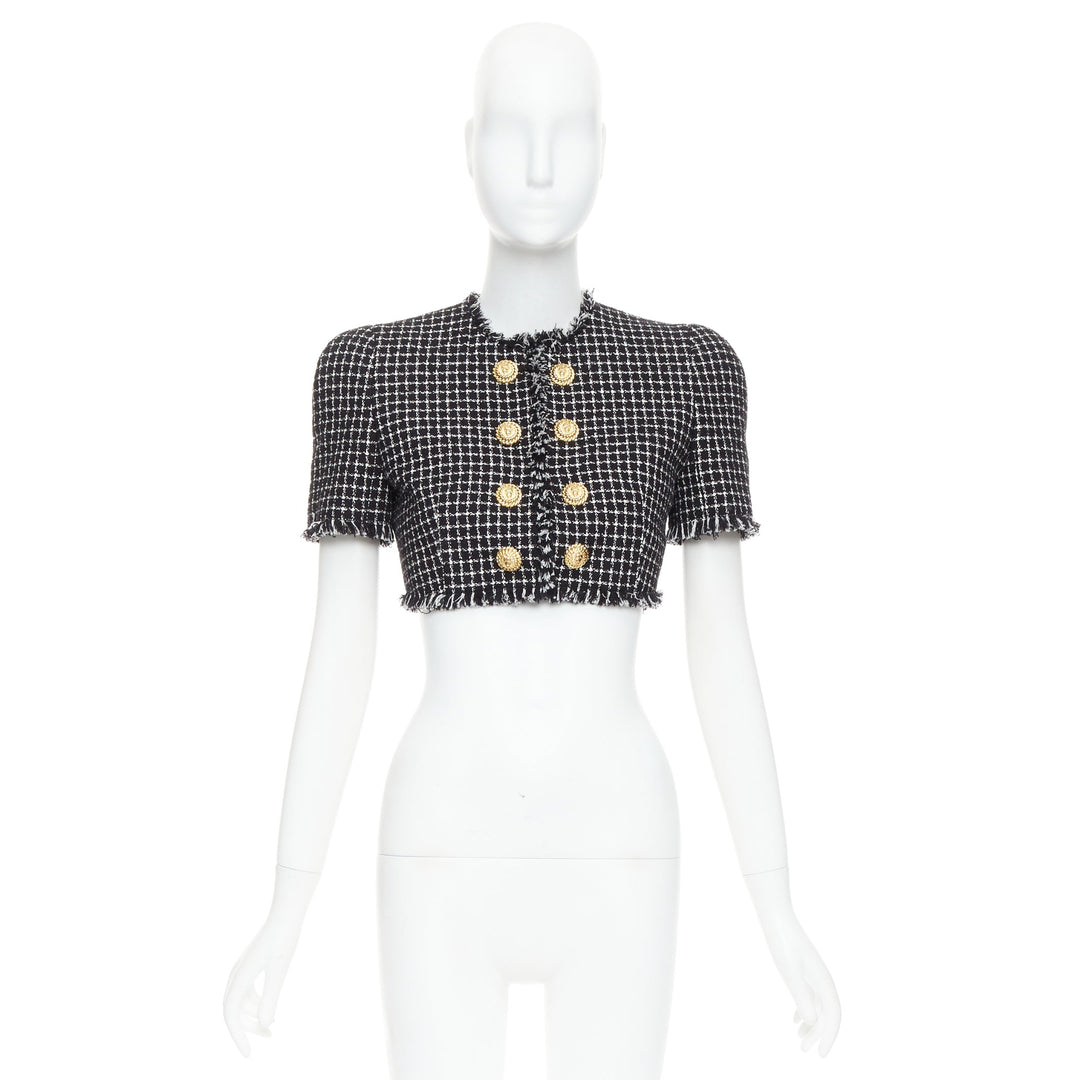 BALMAIN 2024 black white tweed lionhead buttons cropped jacket FR34 XS