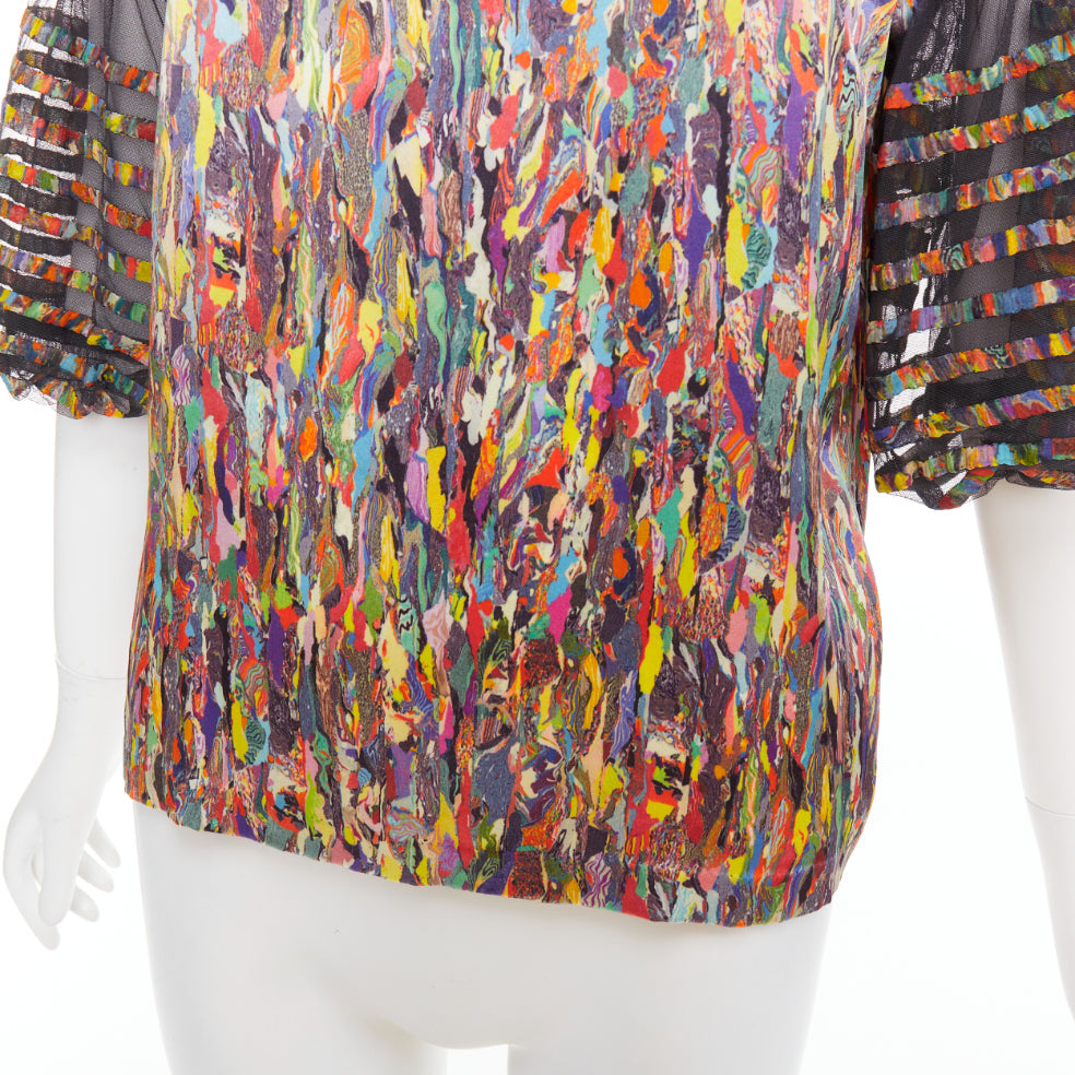 DRIES VAN NOTEN multicolor watercolor print sheer flared sleeve top FR40 L