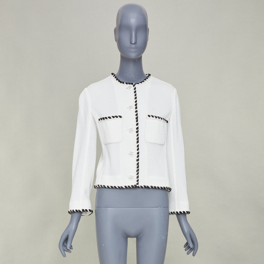 CHANEL 2021 Cruise white twist braid waffle knit crystal button jacket FR34 XX
