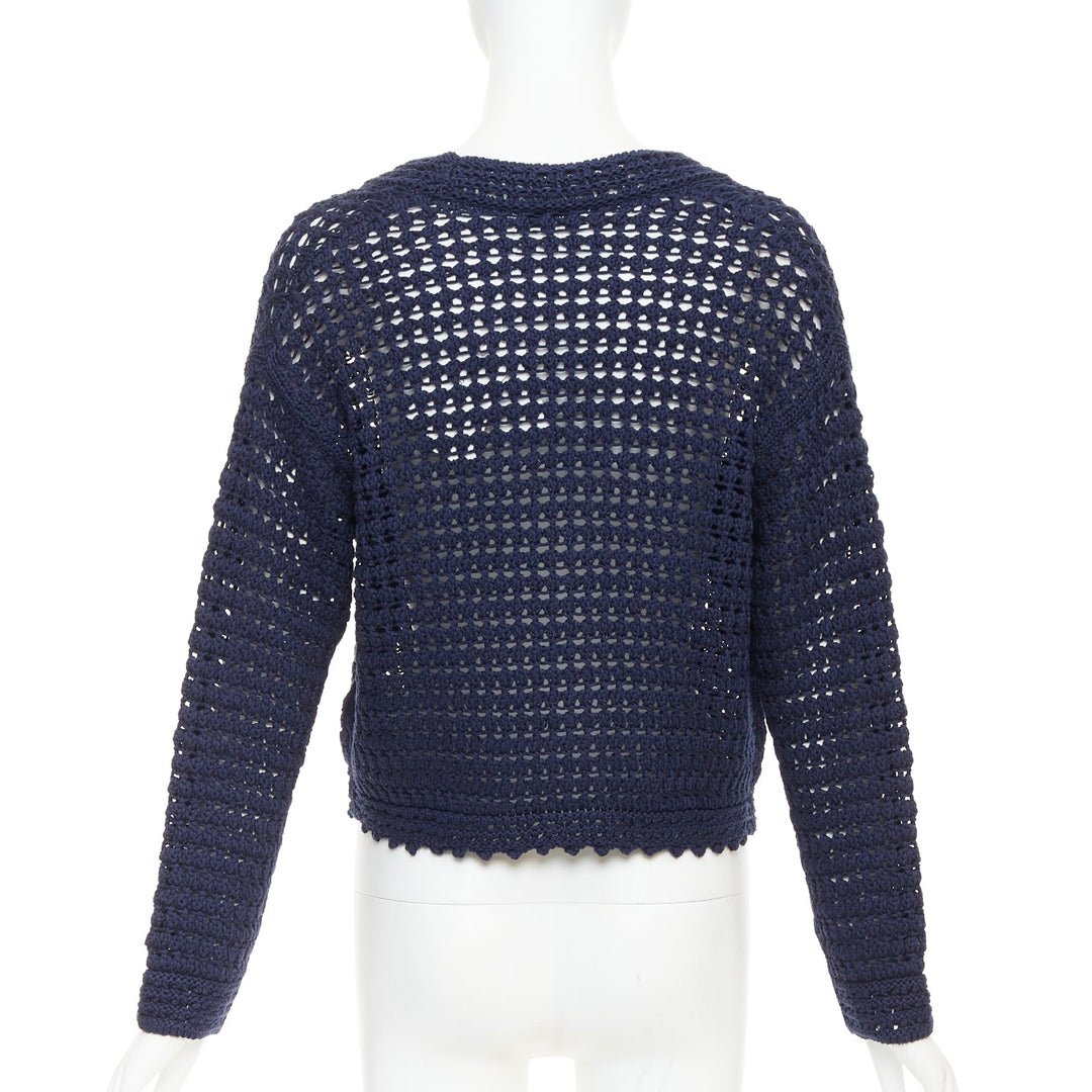 VINCE navy organic cotton crochet open knit scalloped cropped cardigan S