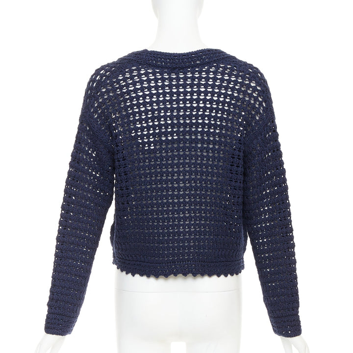VINCE navy organic cotton crochet open knit scalloped cropped cardigan S