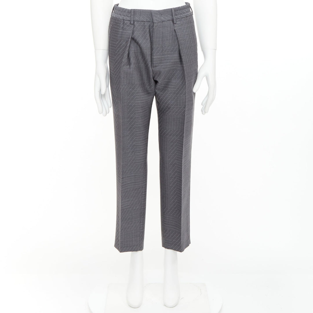 FENDI wool grey contrast stripe print pleated front cropped dress pants IT44 XS