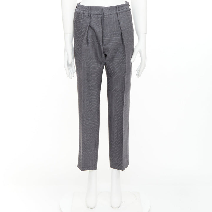 FENDI wool grey contrast stripe print pleated front cropped dress pants IT44 XS