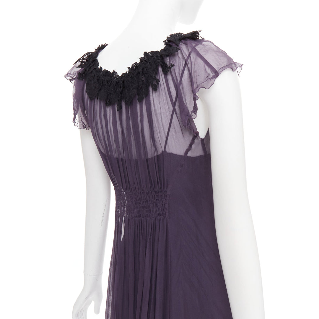 LANVIN Vintage purple silk black lace trim ruched waist sheer dress FR38 M