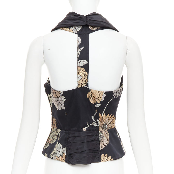 GIORGIO ARMANI black silk oriental floral jacquard Tback vest waistcoat IT36 XXS
