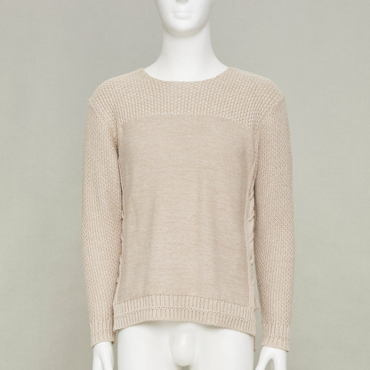 ISSEY MIYAKE beige oatt openwork yoke panels textured cotton sweater JP1 S