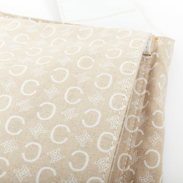 CELINE Vintage beige fabric Triomphe monogram white leather crossbody bag
