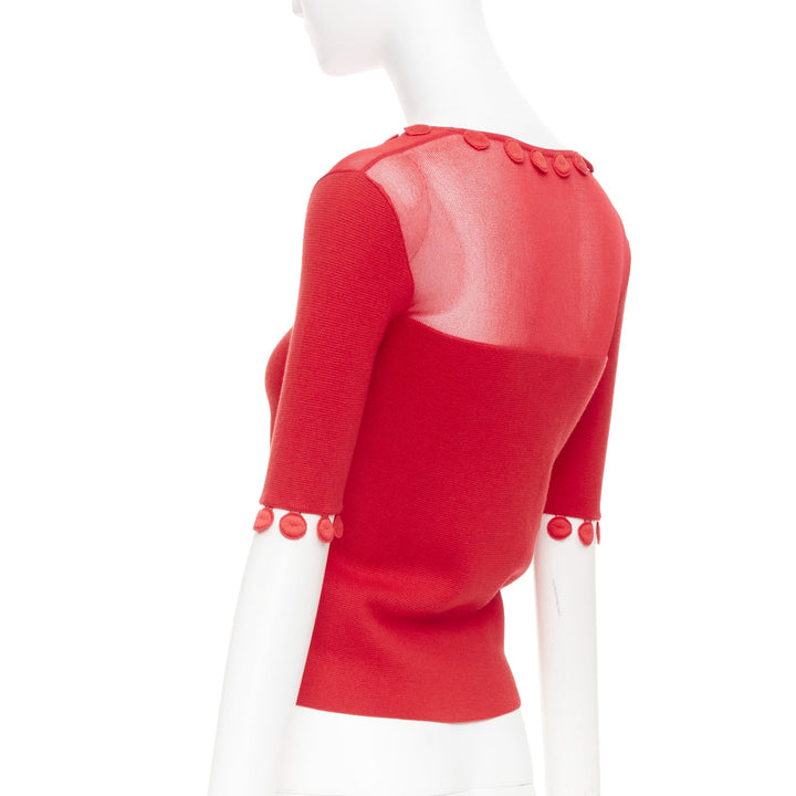 OSCAR DE LA RENTA 2019 red wool silk sheer tulle mesh yoke pom pom button top