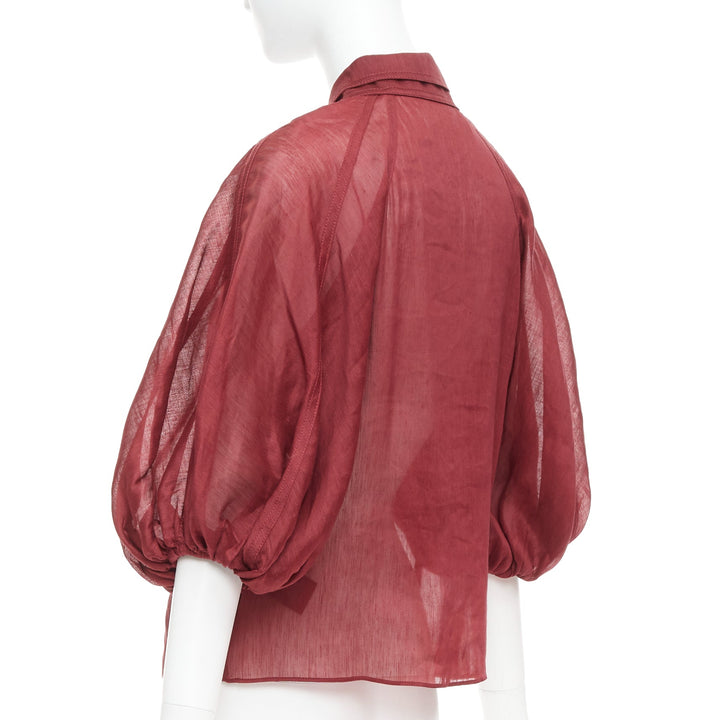 AJE Palms burgundy silk linen puff sleeve raglan multi buttons shirt UK6 XS