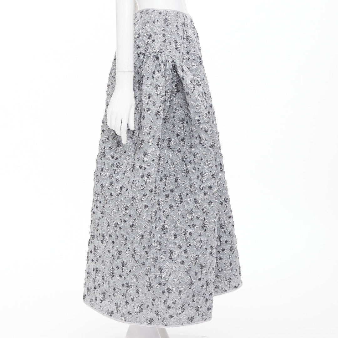 CECILIE BAHNSEN 2021 silver metallic cloque overlay flared midi skirt UK6 XS