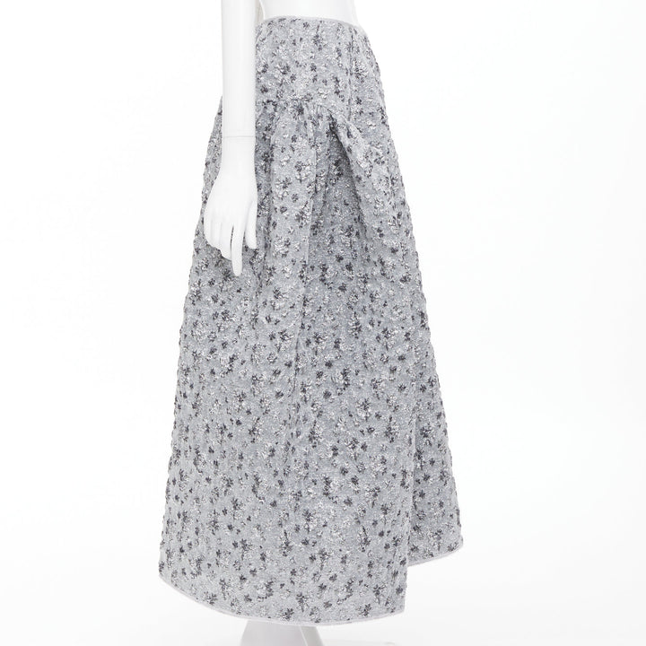 CECILIE BAHNSEN 2021 silver metallic cloque overlay flared midi skirt UK6 XS