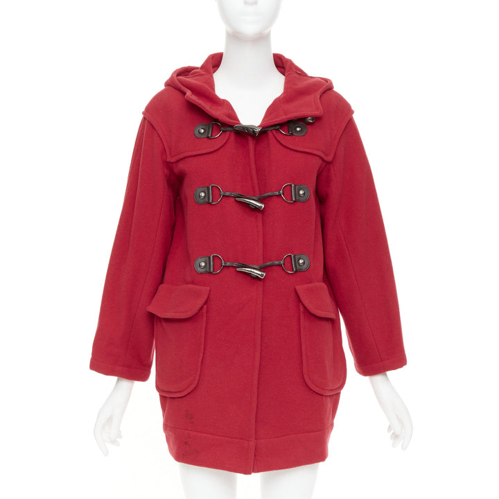 LANVIN EN BLEU red wool blend black brown toggle leather pea coat FR36 S