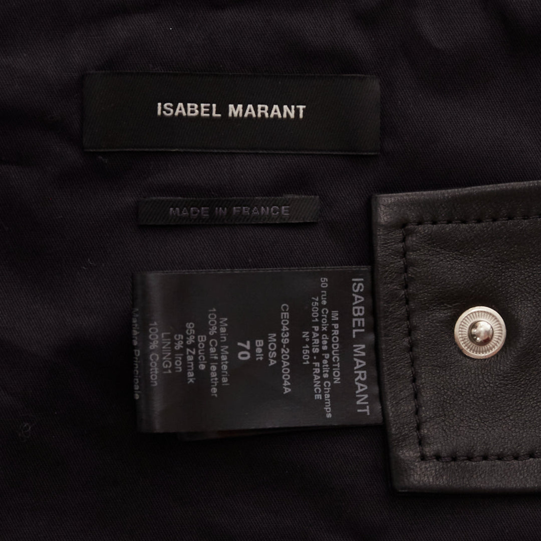 ISABEL MARANT Mosa black calf leather silver metal ring cotton lined belt 70cm