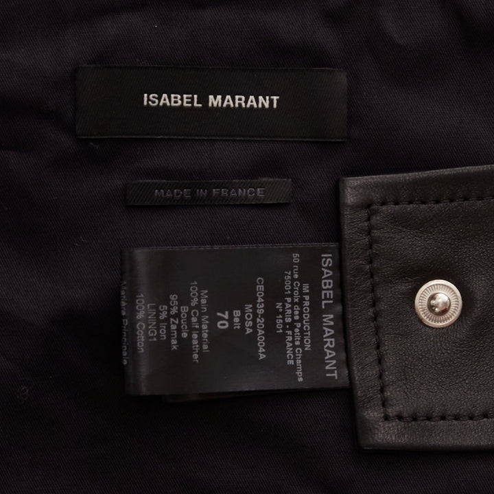 ISABEL MARANT Mosa black calf leather silver metal ring cotton lined belt 70cm