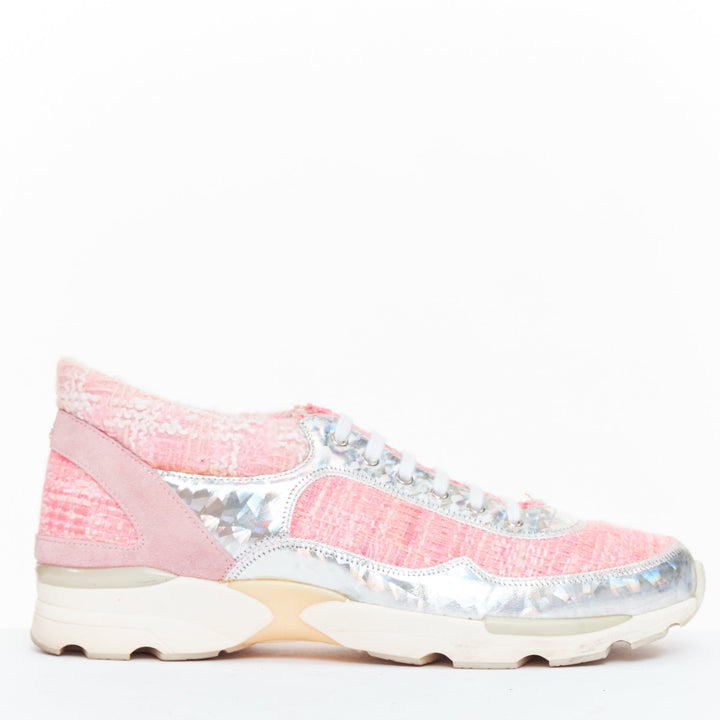 CHANEL 2014 pink tweed silver holographic silver leather sneakers EU38.5