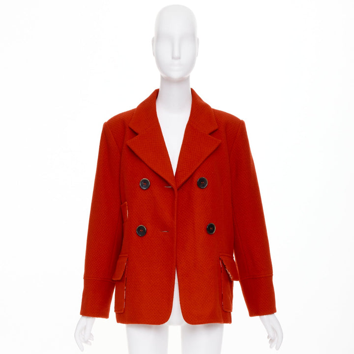 KENZO Vintage red wool floral intarsia back double breasted coat FR46 3XL