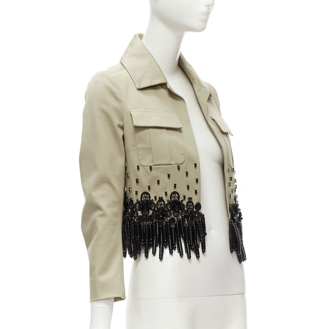 DSQUARED2 2015 black bead tassels khaki military cargo cropped jacket IT38 XS