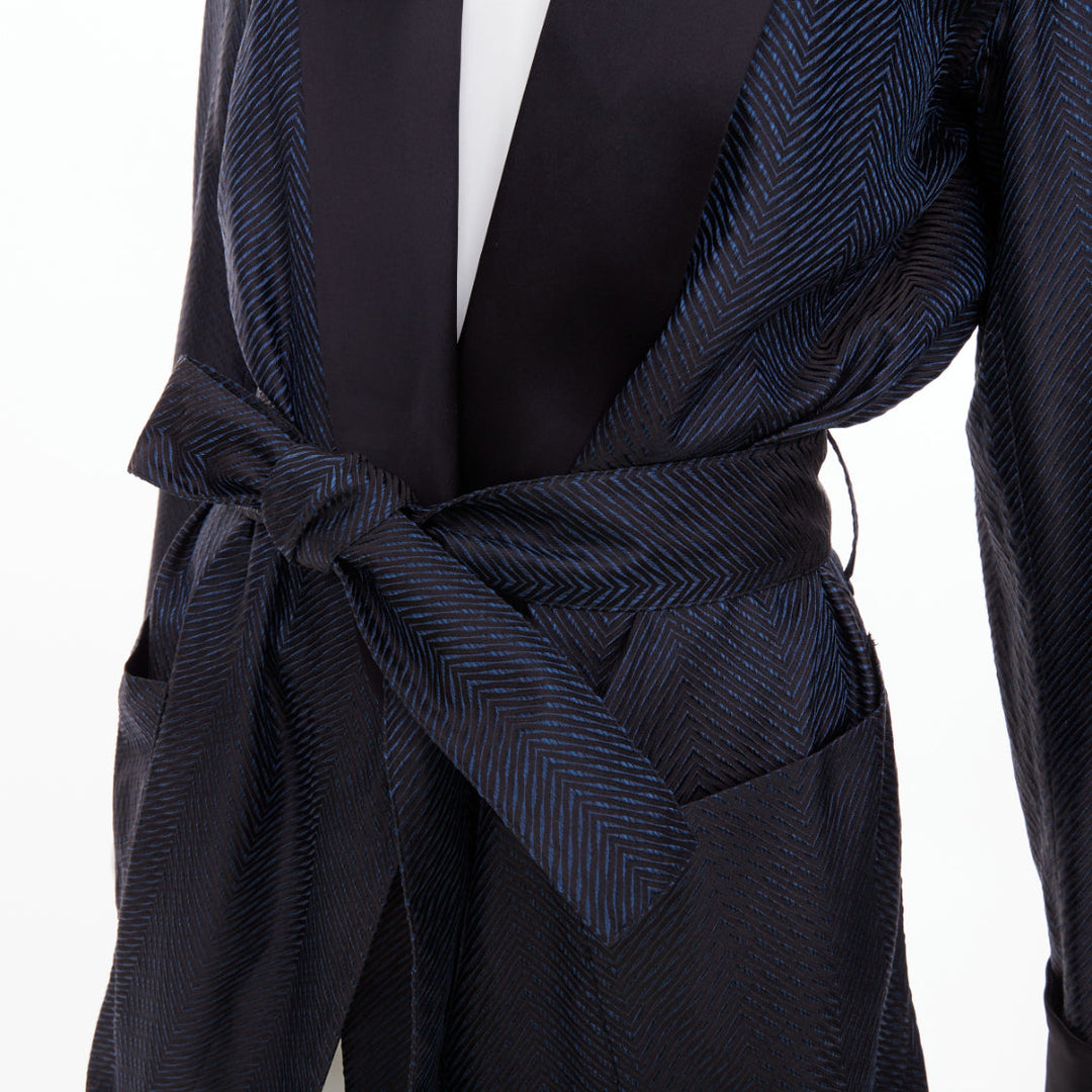 LA PERLA navy blue textured chevron jacquard silk shawl lapel smoking jacket