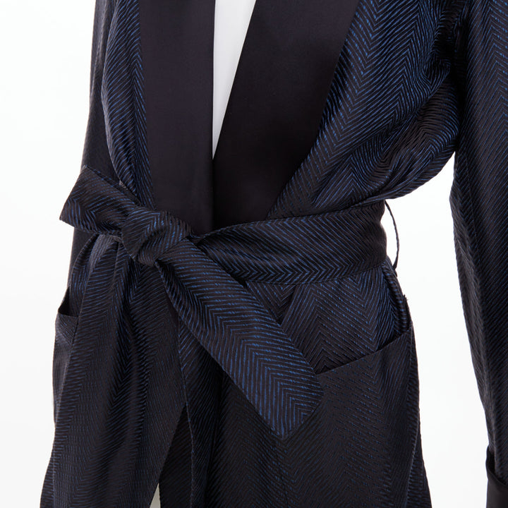LA PERLA navy blue textured chevron jacquard silk shawl lapel smoking jacket