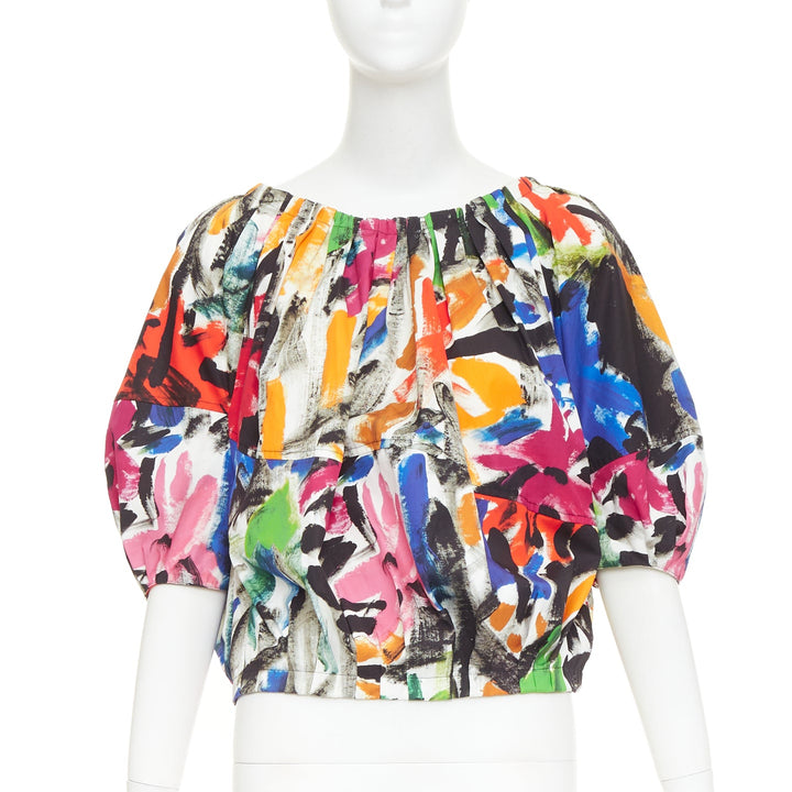 MARNI 2020 multicolored cotton abstract brushstroke print puff sleeve top IT40 S