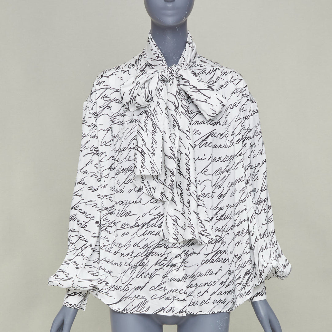 BALMAIN 2025 Love Letter Print pussybow tie neck white black blouse FR34 XS