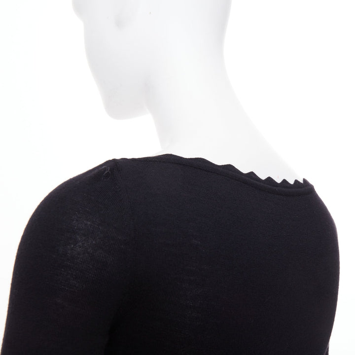 ALAIA virgin wool knit semi sheer black scalloped boat neck l/s top FR36 S