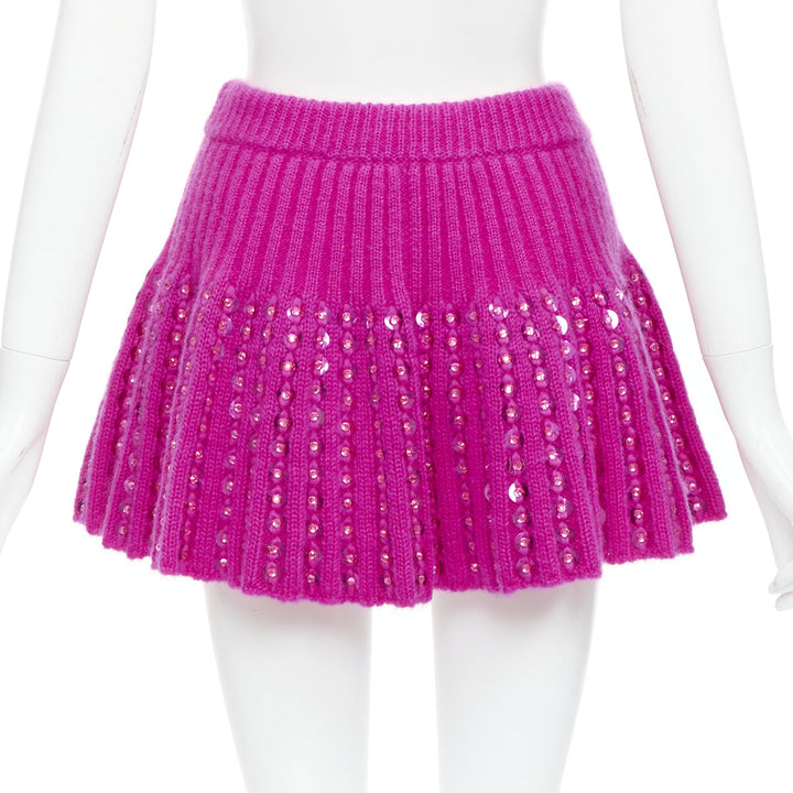 VALENTINO 2022 Runway PP Pink rhinestone embellished knitted flared skirt XS