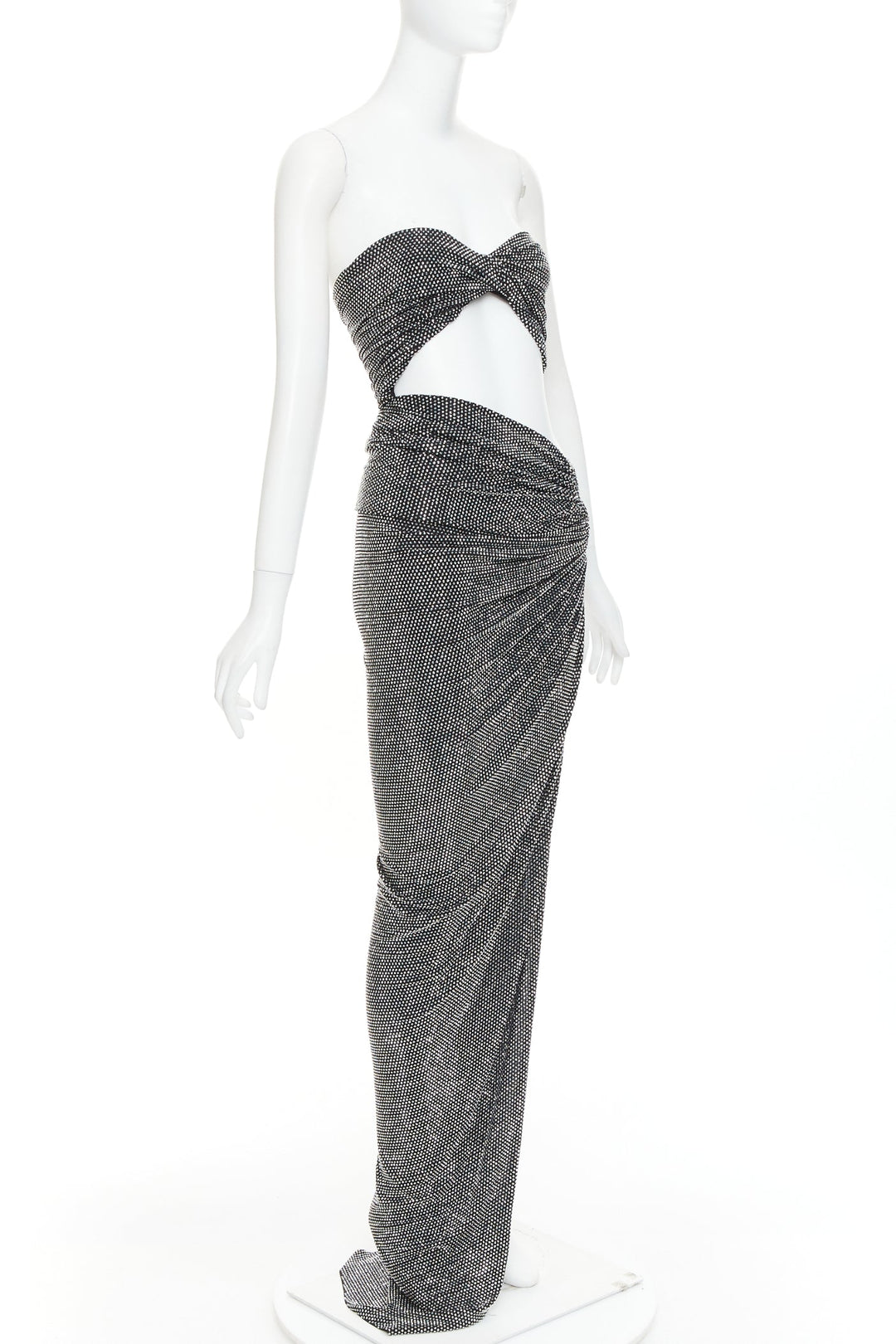 ALEXANDRE VAUTHIER silver strass crystal twisted bust cut out draped skirt gown