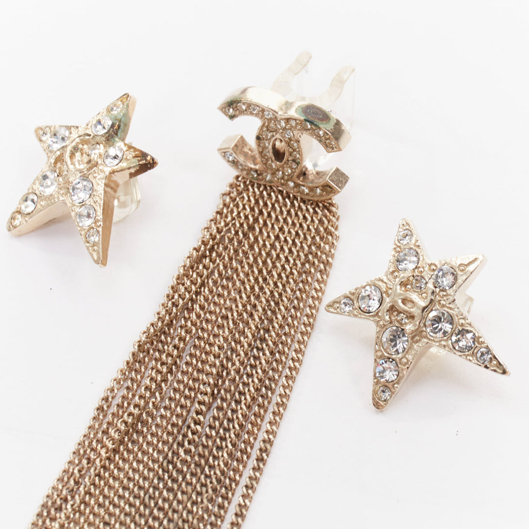 CHANEL B15 gold tone CC logo crystal pave star tassel wire clips phone charm